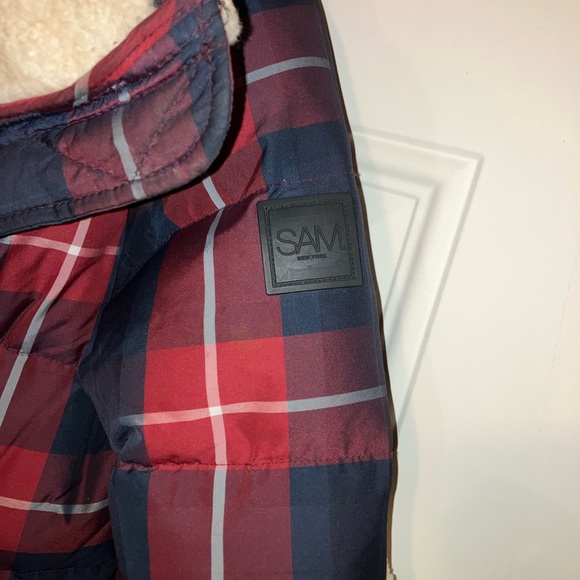 SAM Mackenzie Lamb Shearling Plaid Goose Down Jacket Red Blue Women's XS - Picture 7 of 11